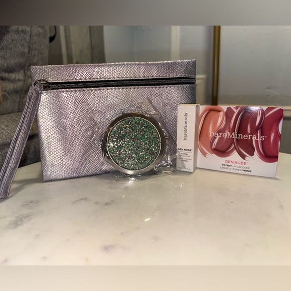 IPSY Cosmetic Bag, bareMinerals Lip Gloss and Green Rhinestone Compact Mirror - Picture 1 of 5